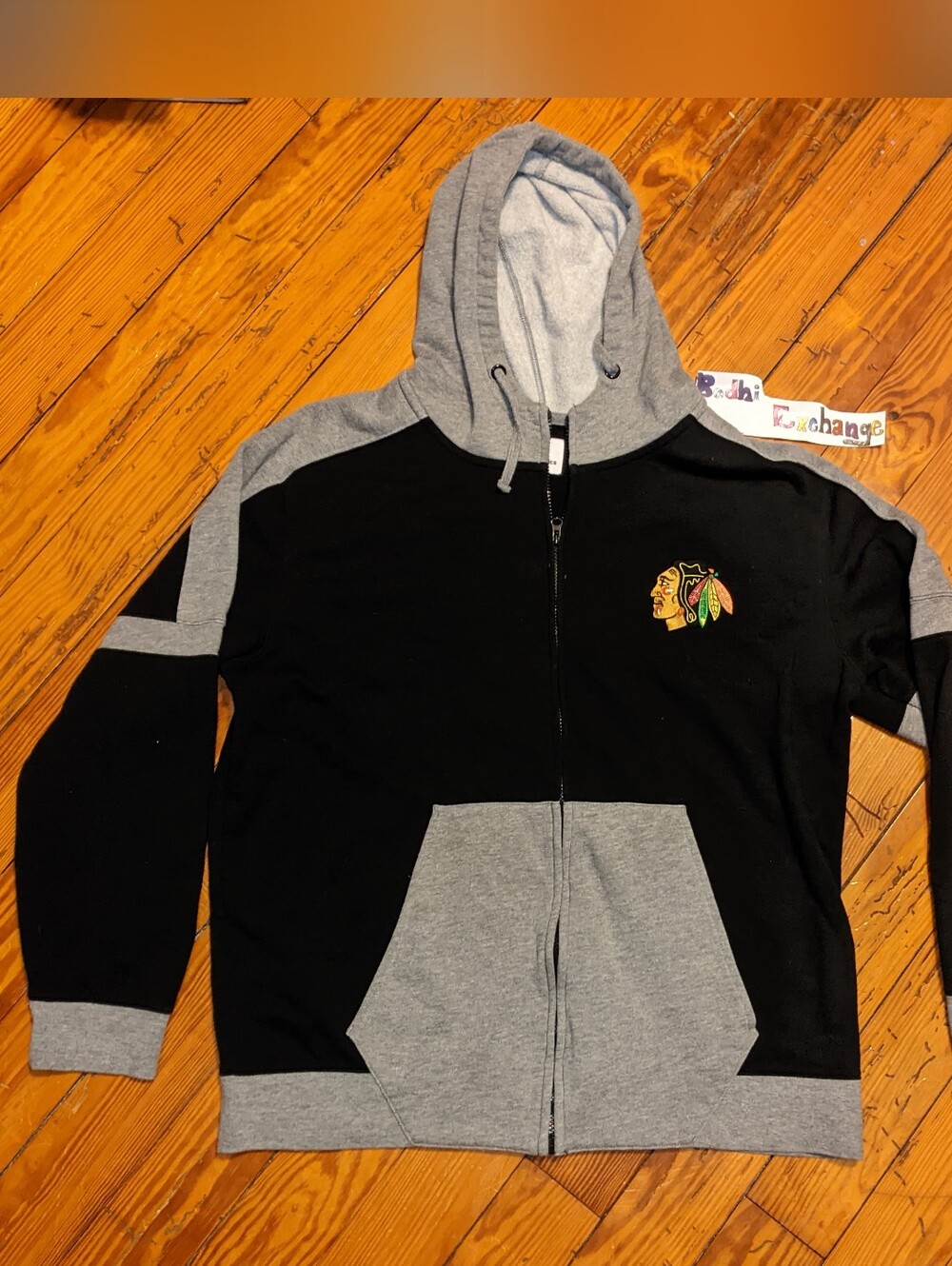 Fanatics Mens Sz. XL BlackHawks Black & Gray Hooded Zip Jacket/ Sweatshirt